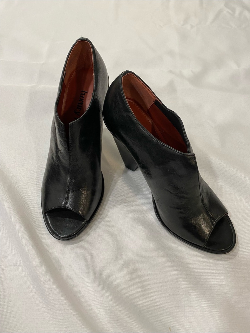 luxury rebel Black Leather Peep-Toe Block Heel Booties